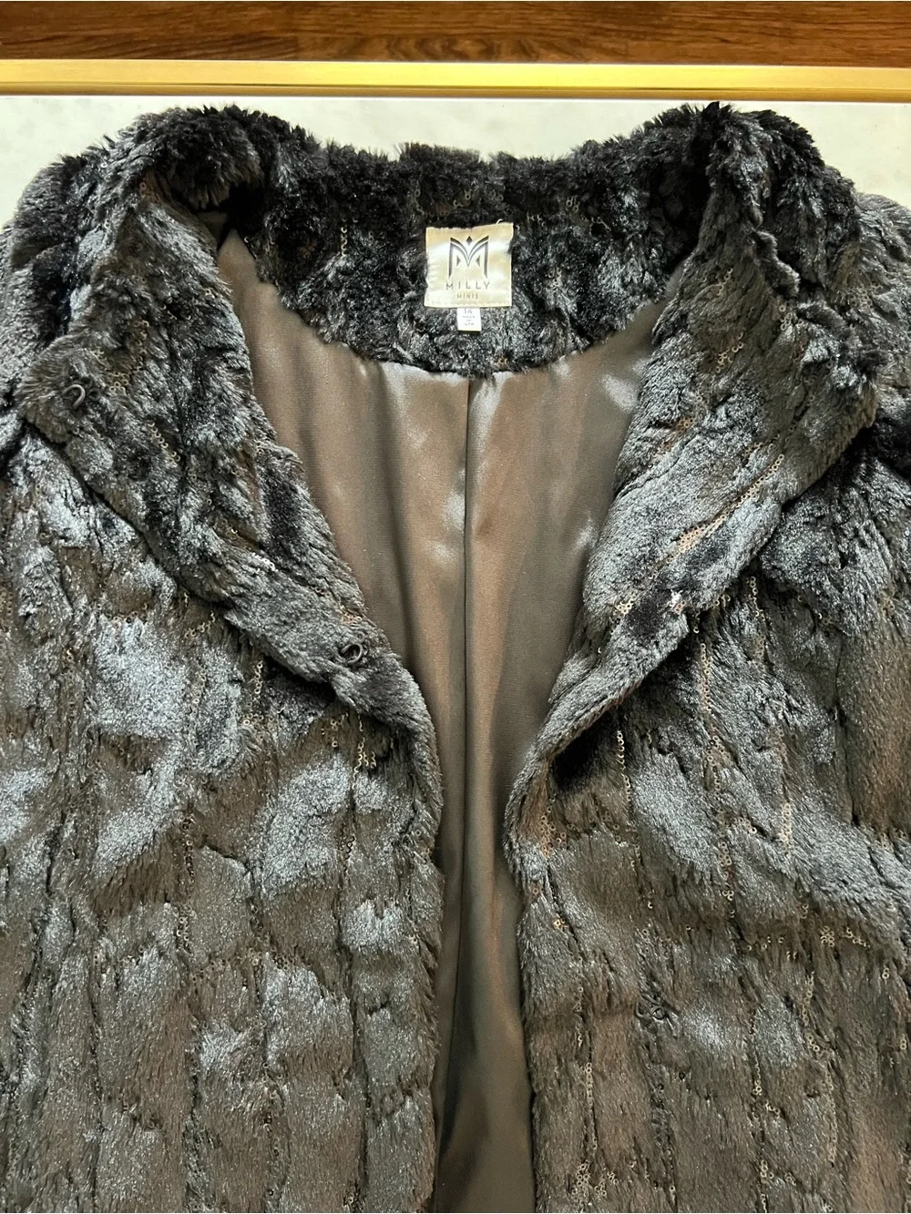 Milly Minis Black Faux Fur With Sequins Open-Front Teddy Jacket